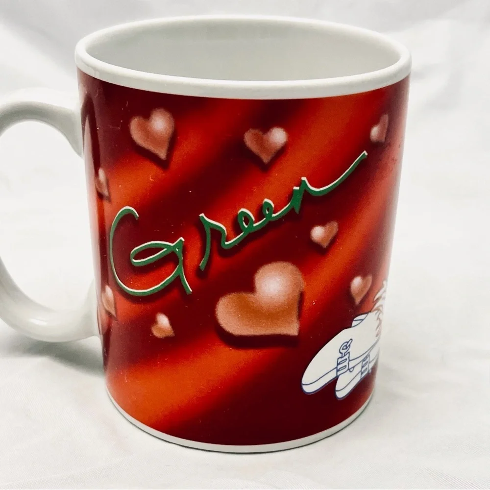 Coffee Mug - Green M&M, White Feather Boa and Pink Rose, EUC